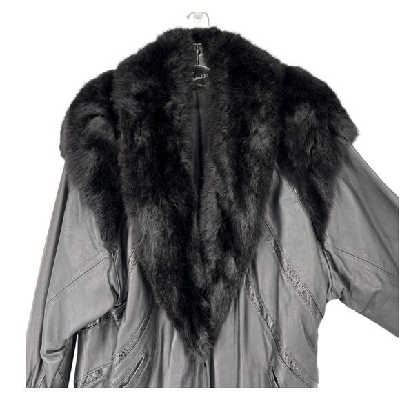 Vintage 80s J x Percy Marvin Richards Leather Coat Fur Collar Black Womens Large - Picture 8 of 16
